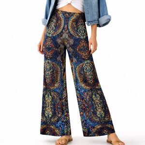 Bohemian Officecore 2X Plus Size Women Wide Leg Pull On Pants Colorful Print